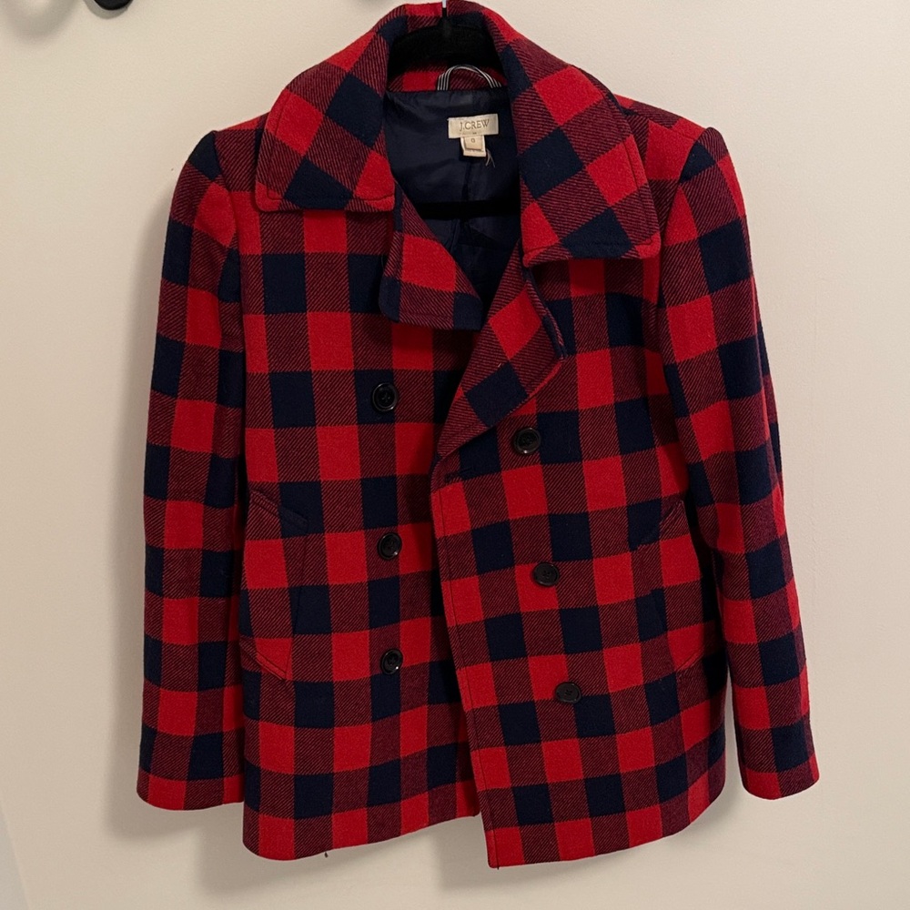 J. Crew Red and Black Plaid Pea Coat
